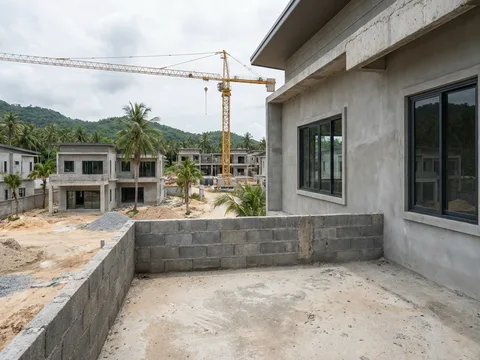 The terrace of the villa, looking over the rest of the compound with a tower crane standing
